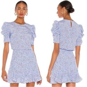 Veronica Beard Lila Silk Puff Sleeve Floral Print Mini Dress in Light Blue Sz 4